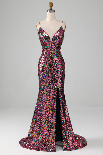 Purple Mermaid Sparkly Ball Dress with Slit